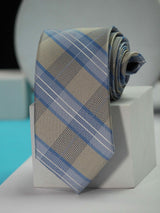 Beige & Blue Check Handmade Silk Necktie