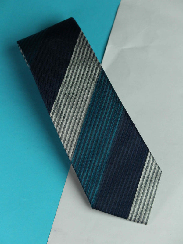  Grey & Blue Stripe Woven Silk Necktie