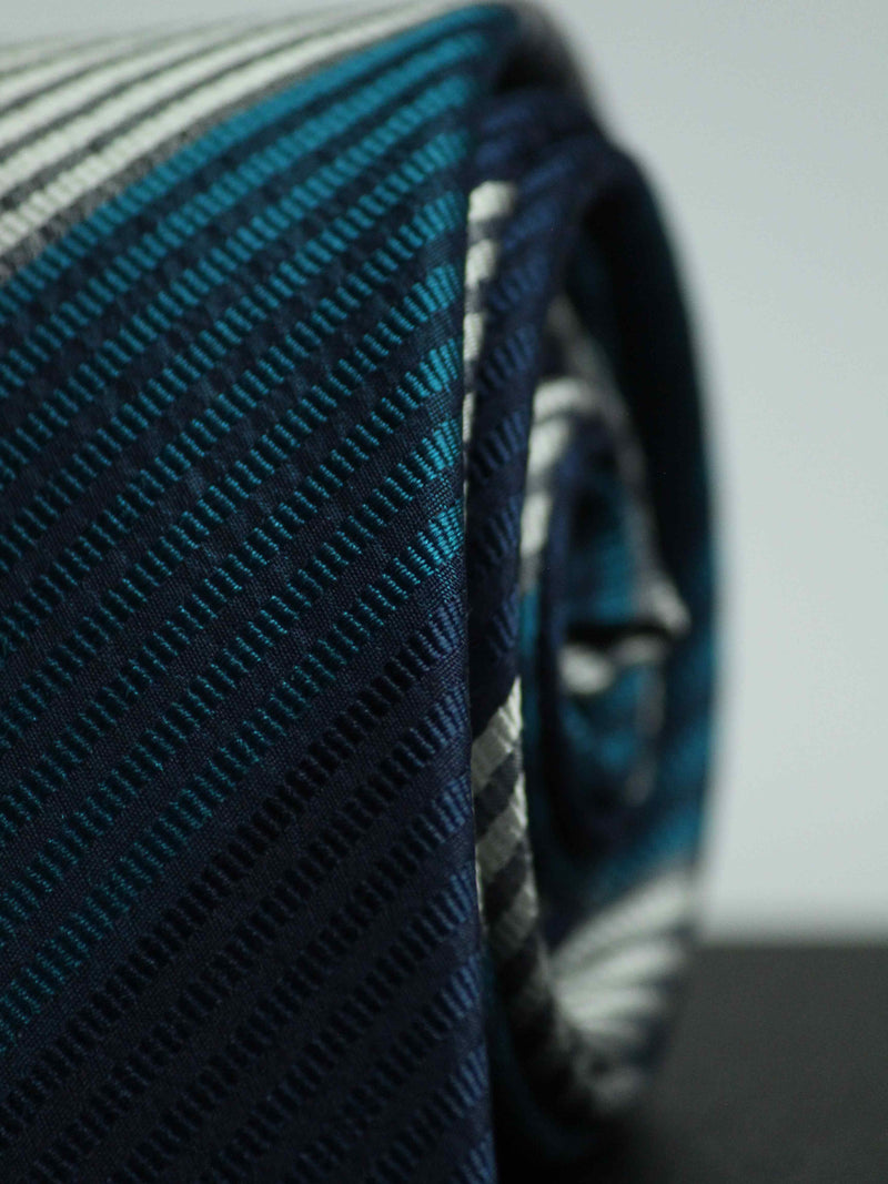  Grey & Blue Stripe Woven Silk Necktie