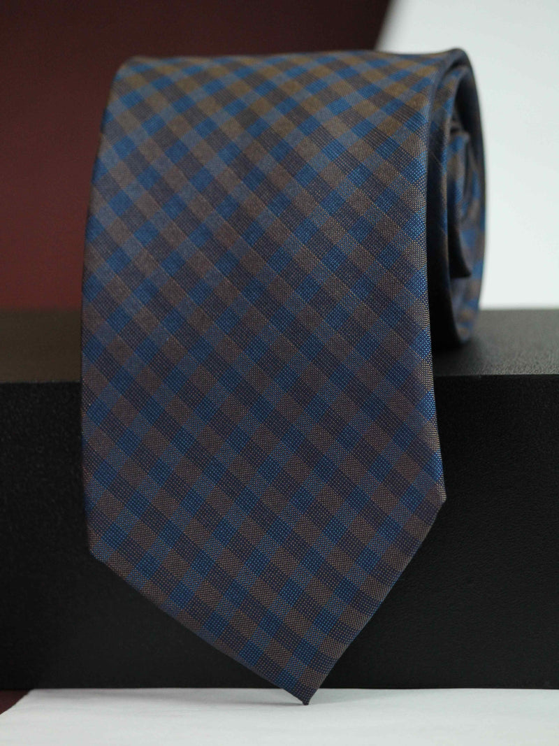 Blue & Brown Check Woven Silk Necktie