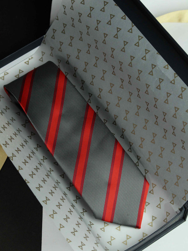 Grey & Red Stripe Woven Silk Necktie