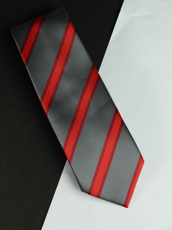 Grey & Red Stripe Woven Silk Necktie