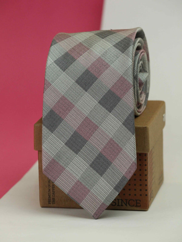 Pink & Grey Check Woven Silk Necktie