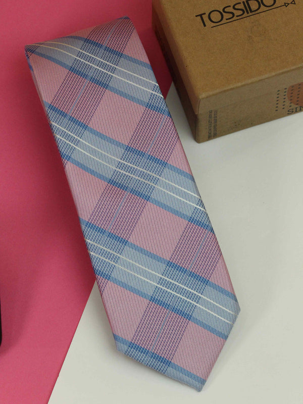 Pink & Blue Check Woven Silk Necktie