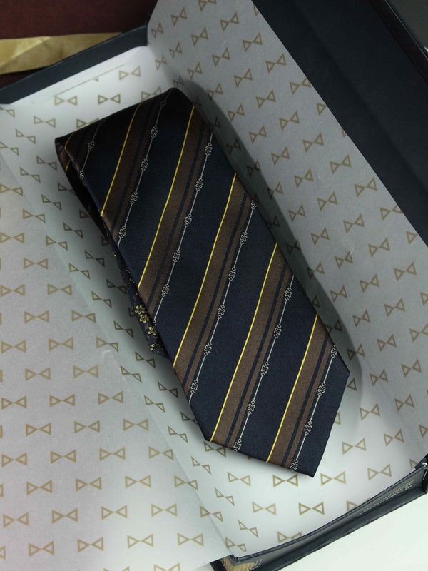 Navy Blue & Brown Stripe Woven Silk Necktie