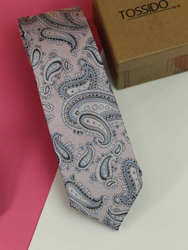 Pink & Grey Paisley Woven Silk Necktie