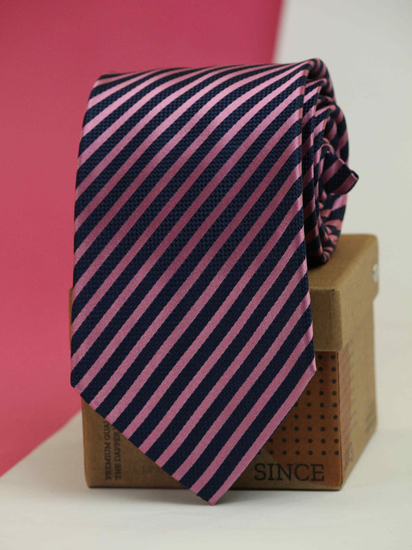 Navy Blue & Pink Stripe Woven Silk Necktie