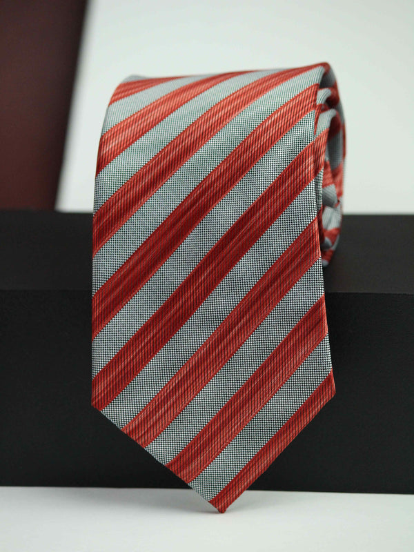 Red & Grey Stripe Woven Silk Necktie