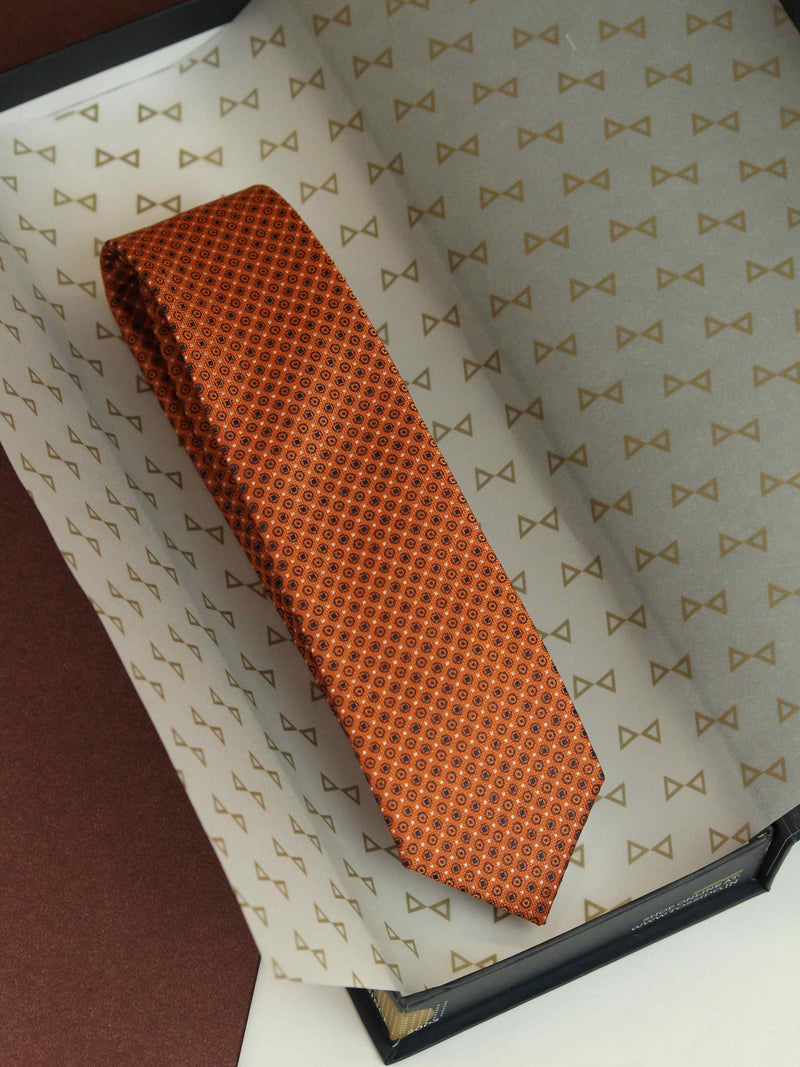 Orange Geometric Woven Silk Necktie