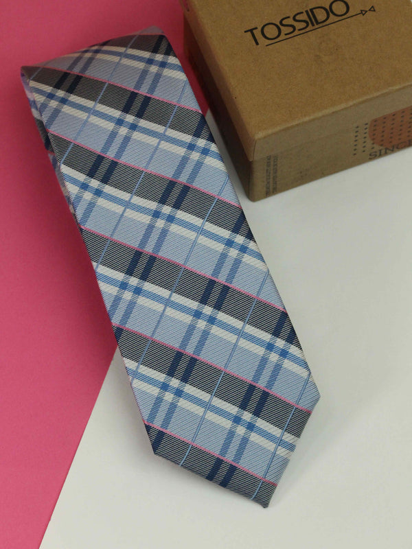 Blue & Grey Check Woven Silk Necktie