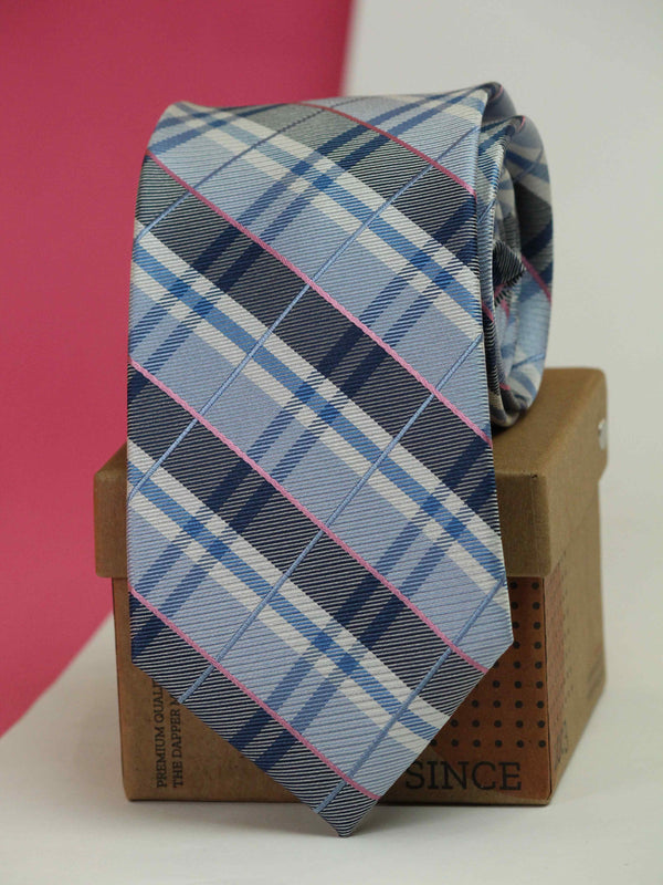 Blue & Grey Check Woven Silk Necktie