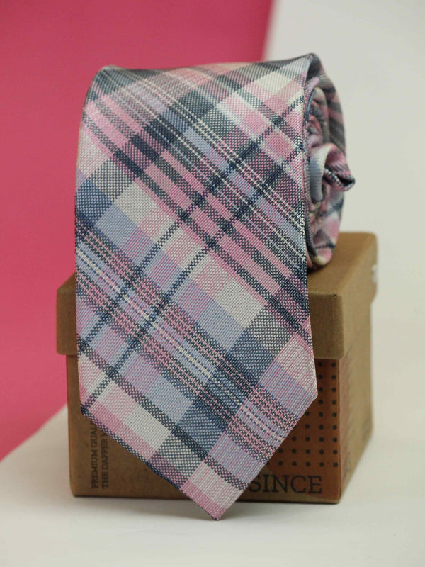 Pink & Grey Check Woven Silk Necktie
