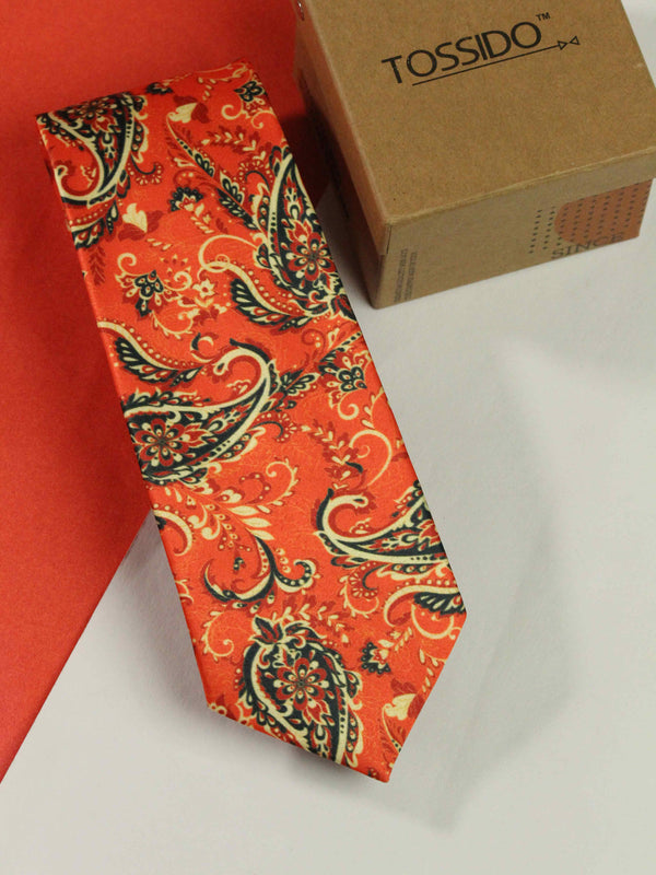 Orange Paisley Printed Necktie