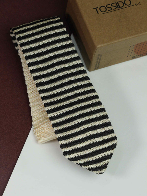Beige & Black Stripe Knitted Necktie