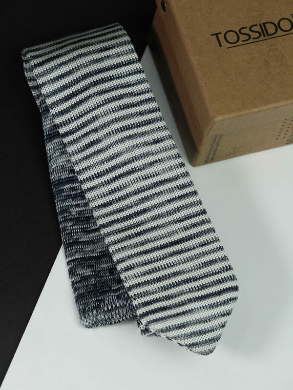 White & Grey Stripe Knitted Necktie