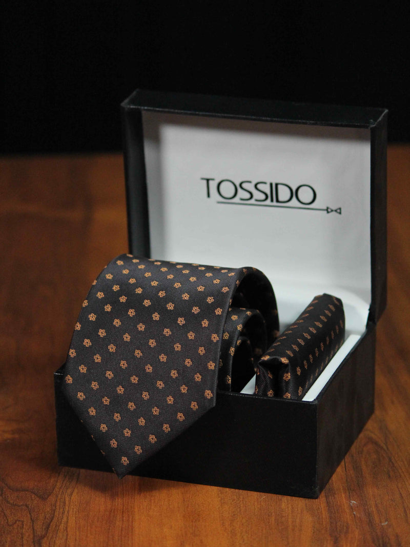 Brown Floral Necktie & Pocket Square Giftset