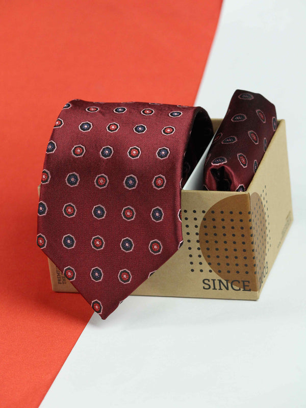 Maroon Geometric Necktie & Pocket Square Giftset