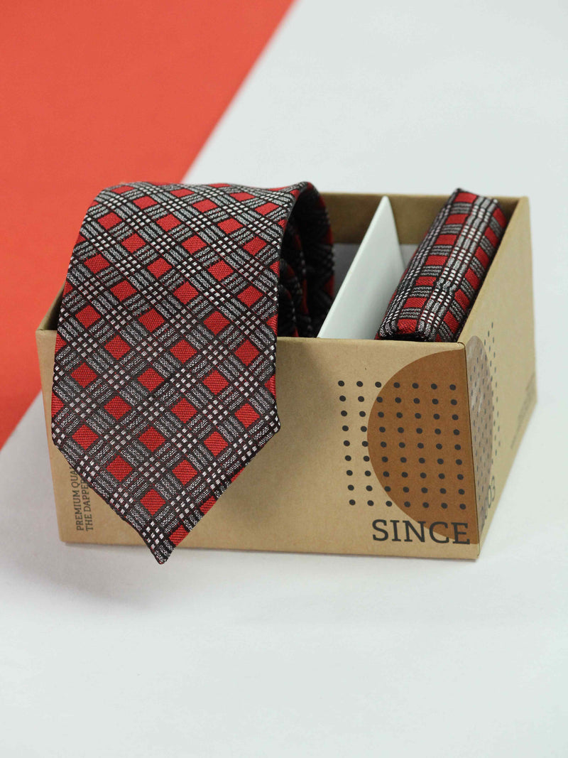 Red & Grey Geometric Necktie & Pocket Square Giftset