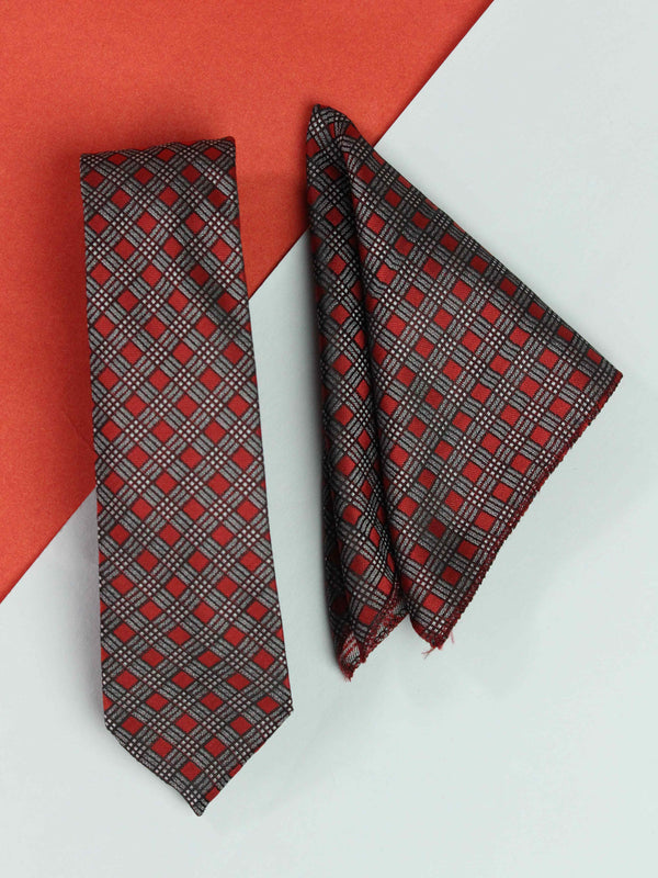 Red & Grey Geometric Necktie & Pocket Square Giftset