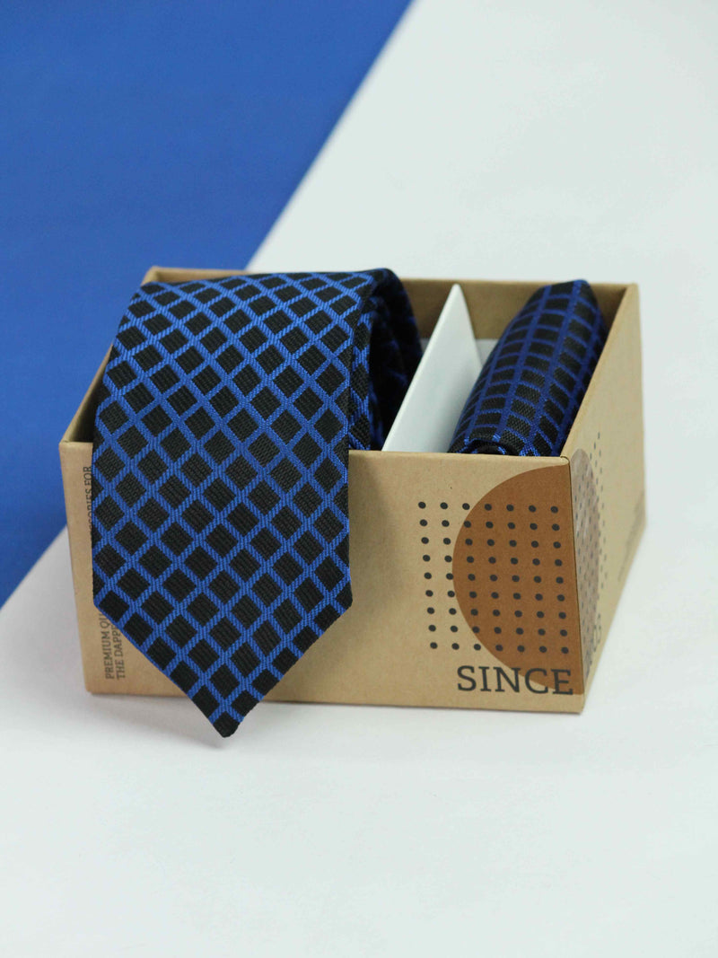 Blue Check Necktie & Pocket Square Giftset