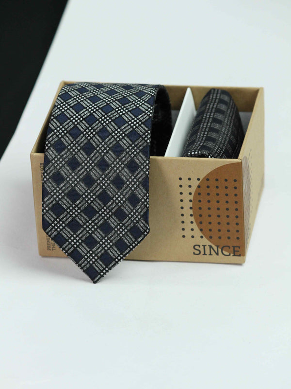 Blue & Grey Check Necktie & Pocket Square Giftset