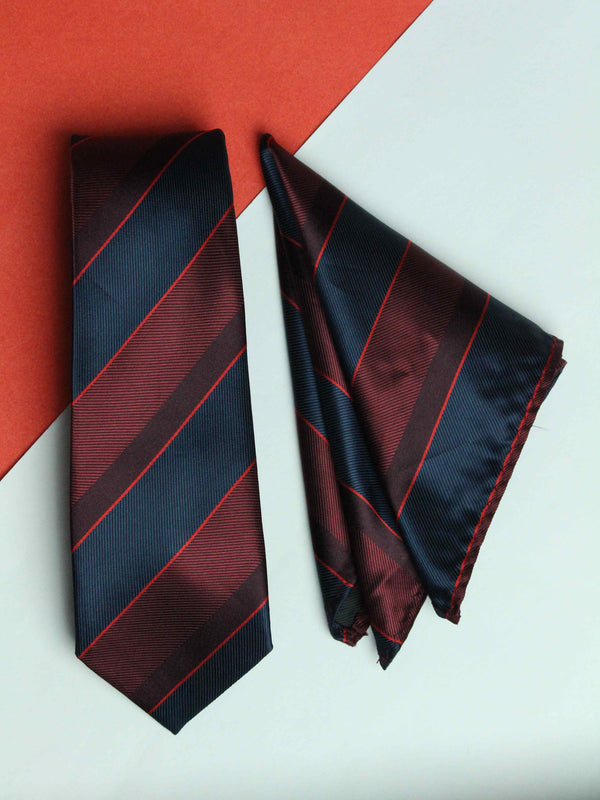 Blue & Maroon Stripe Necktie & Pocket Square Giftset