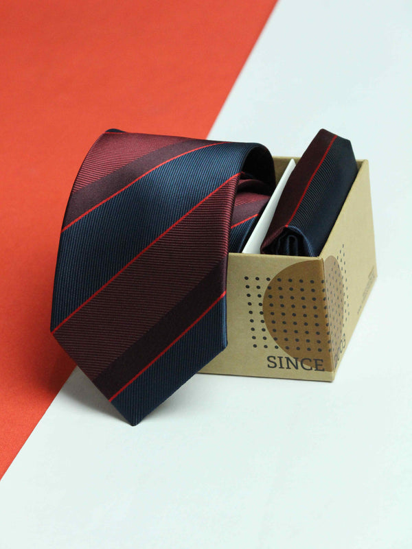 Blue & Maroon Stripe Necktie & Pocket Square Giftset