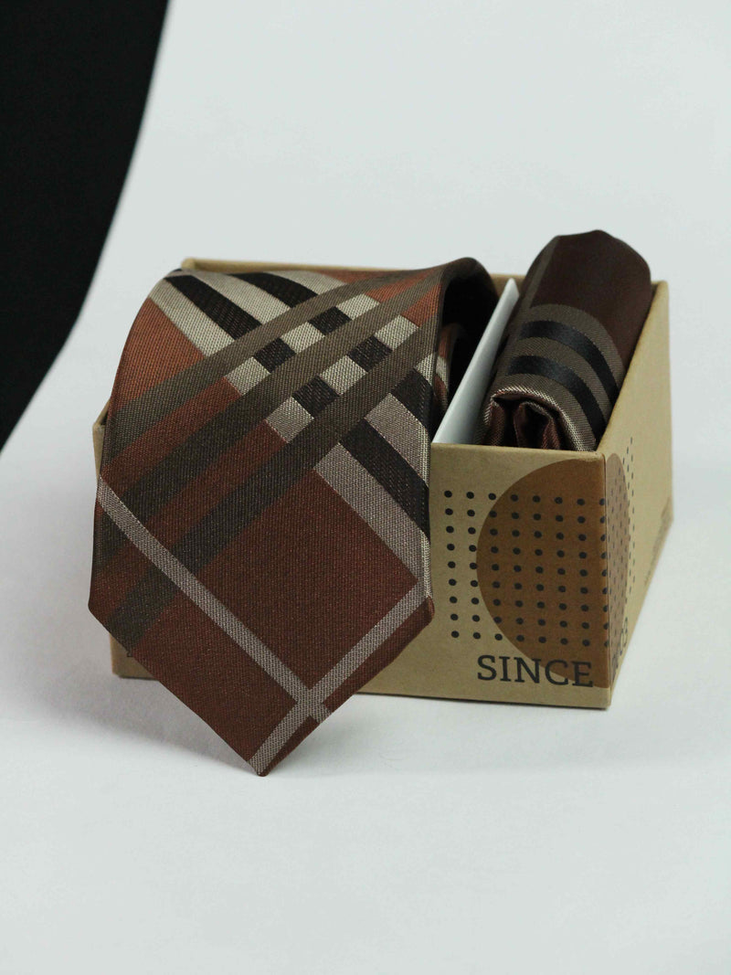 Brown Check Necktie & Pocket Square Giftset