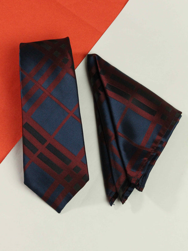 Blue & Maroon Check Necktie & Pocket Square Giftset