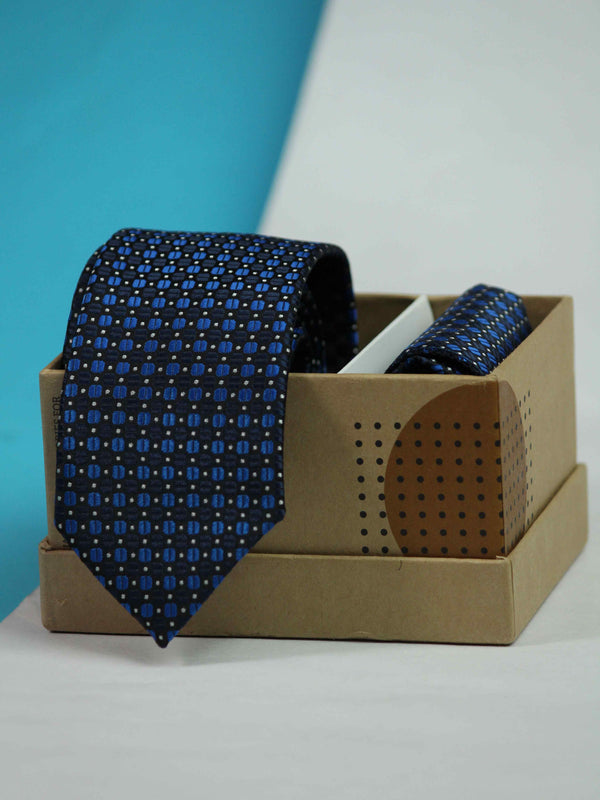 Blue Geometric Skinny Necktie & Pocket Square Giftset