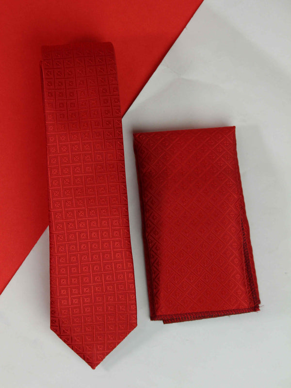 Red Geometric Skinny Necktie & Pocket Square Giftset