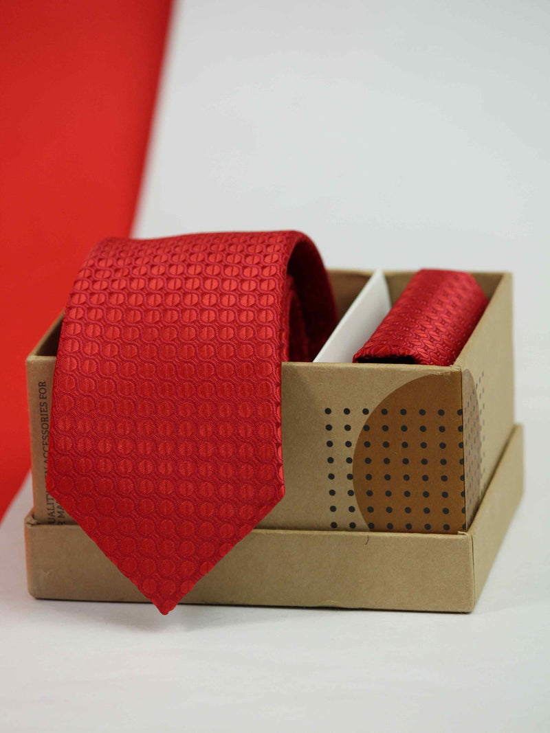 Red Geometric Skinny Necktie & Pocket Square Giftset