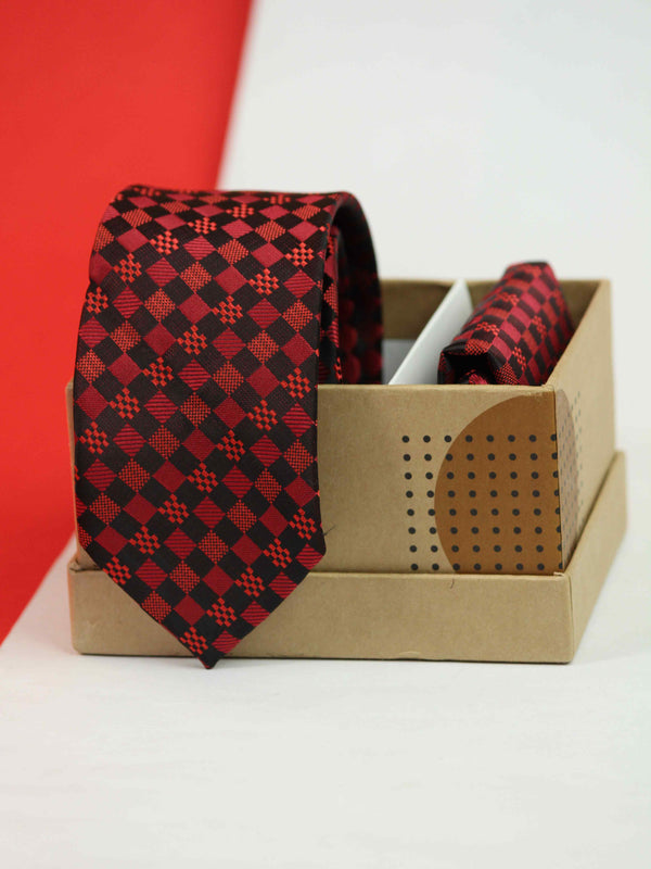 Maroon Geometric Skinny Necktie & Pocket Square Giftset