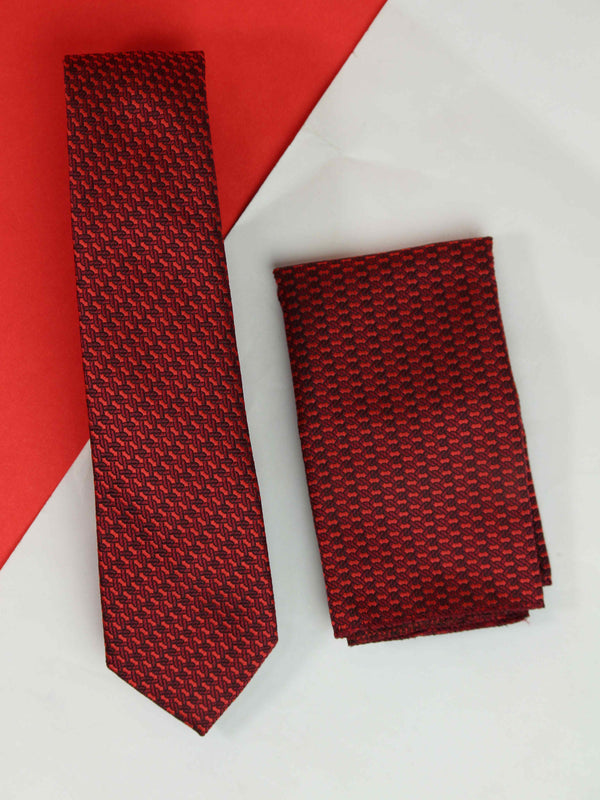 Maroon Geometric Skinny Necktie & Pocket Square Giftset