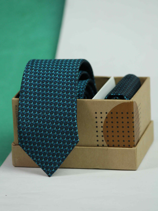 Teal Geometric Skinny Necktie & Pocket Square Giftset