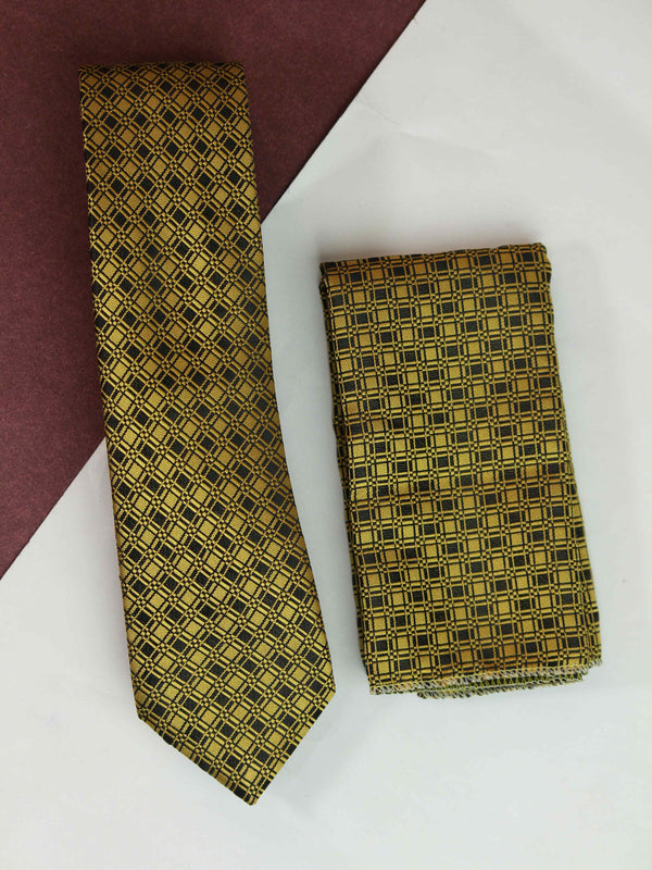 Yellow & Black Geometric Skinny Necktie & Pocket Square Giftset