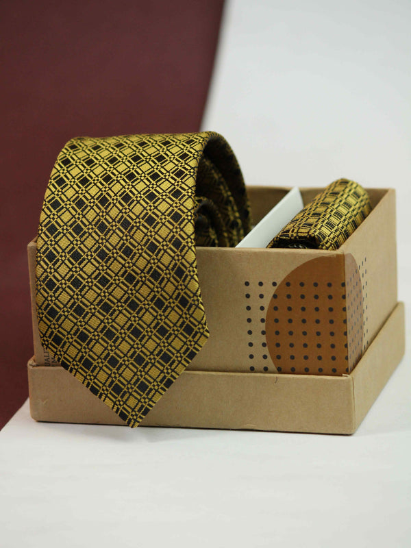 Yellow & Black Geometric Skinny Necktie & Pocket Square Giftset