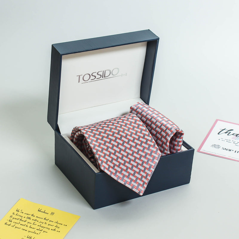 Peach Geometric Necktie & Pocket Square Giftset