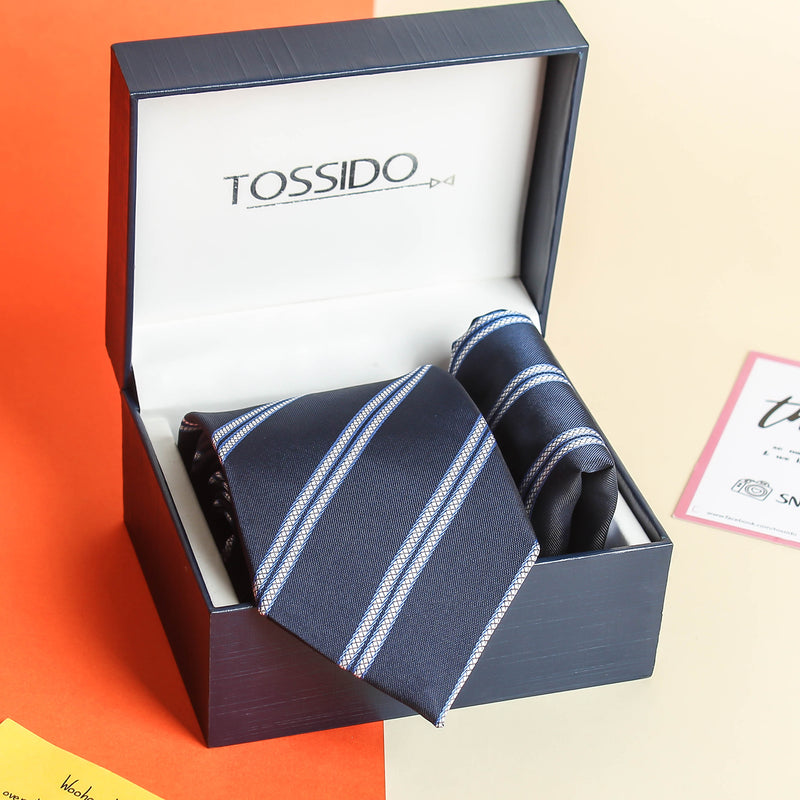 Blue Stripe Necktie & Pocket Square Giftset