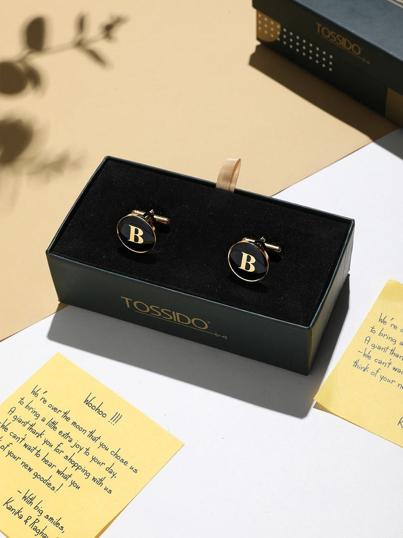 Alphabet B Cufflink ( Black & Gold ) - TOSSIDO