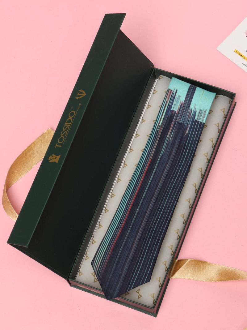 Aqua & Midnight Stripe Printed Silk Tie - TOSSIDO