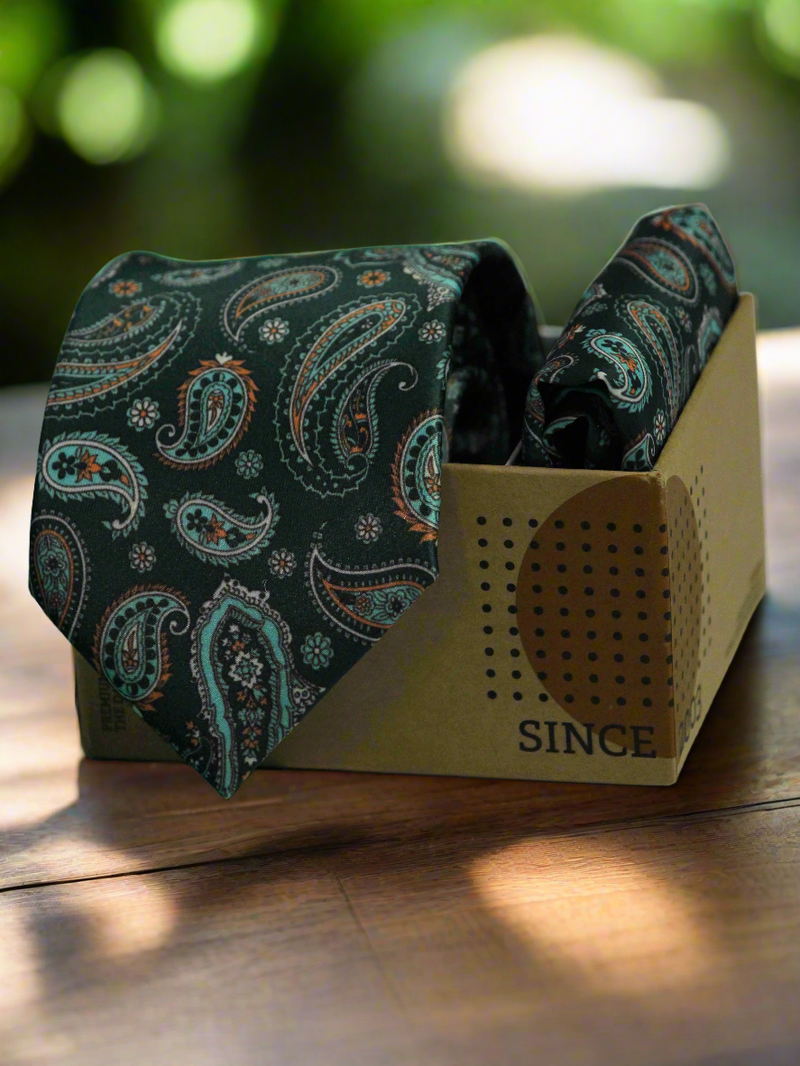 Green Paisley Printed Necktie and Pocket Square Set