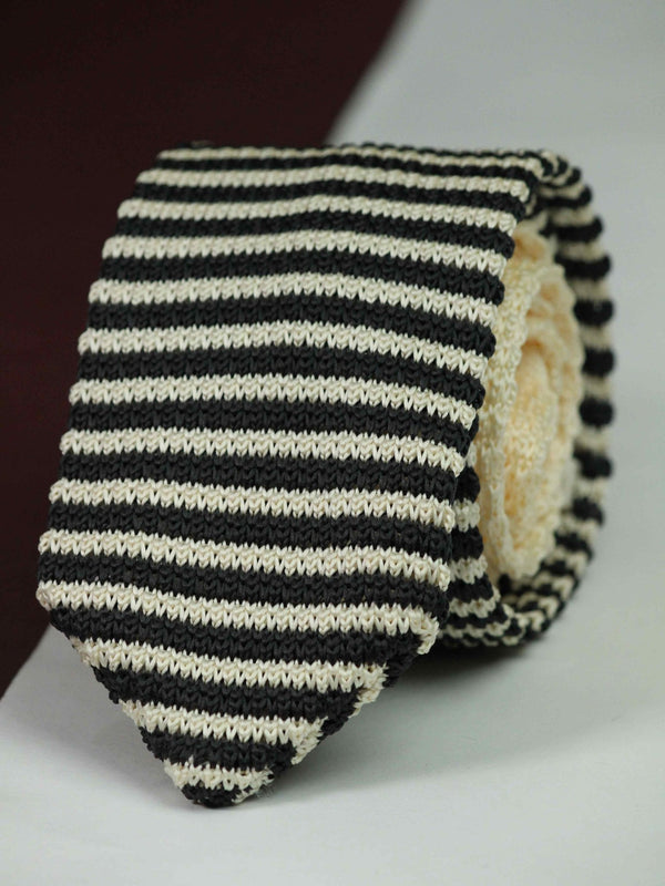 Beige & Black Stripe Knitted Necktie - TOSSIDO