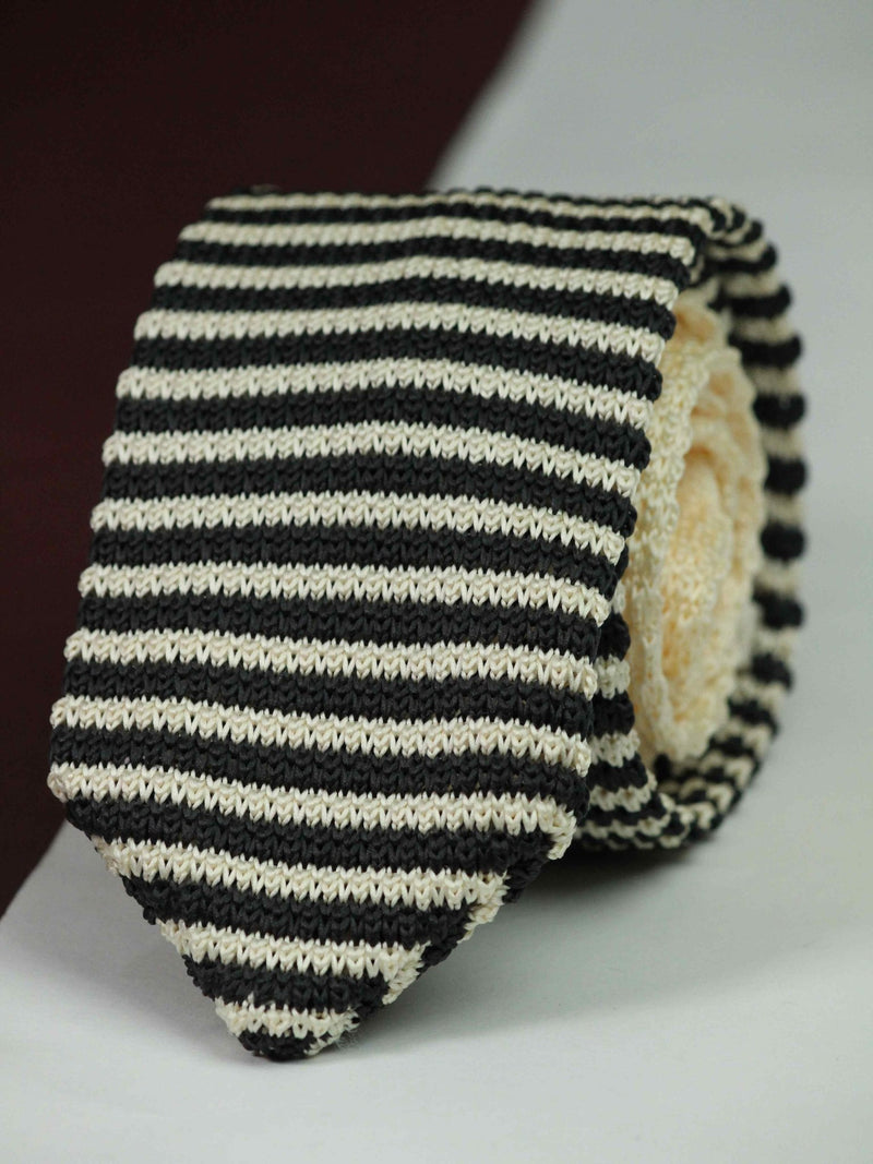 Beige & Black Stripe Knitted Necktie - TOSSIDO