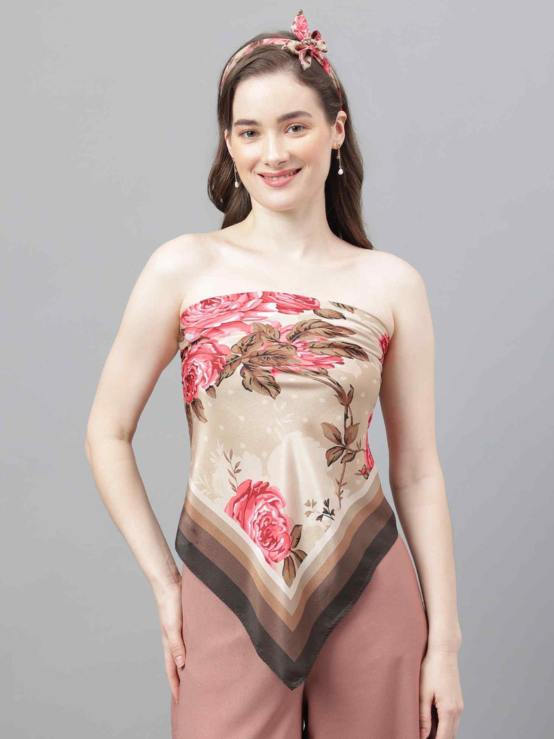 Beige Floral Scarf & Scarf Bag Set - TOSSIDO