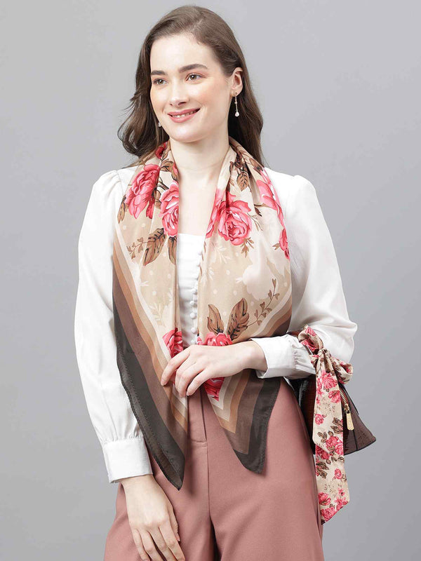 Beige Floral Scarf & Scarf Bag Set - TOSSIDO