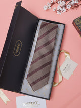 Beige & Maroon Stripes Teflon Silk Necktie - TOSSIDO
