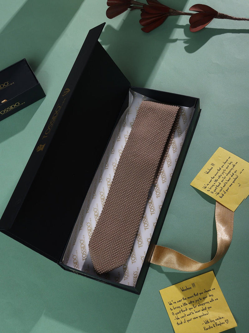 Beige Solid Knitted Necktie - TOSSIDO