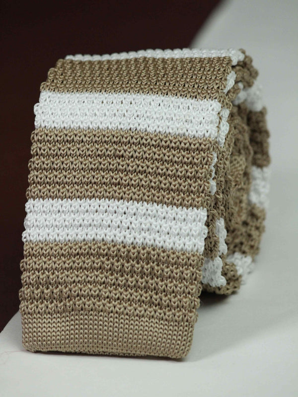 Beige & White Stripe Knitted Necktie - TOSSIDO