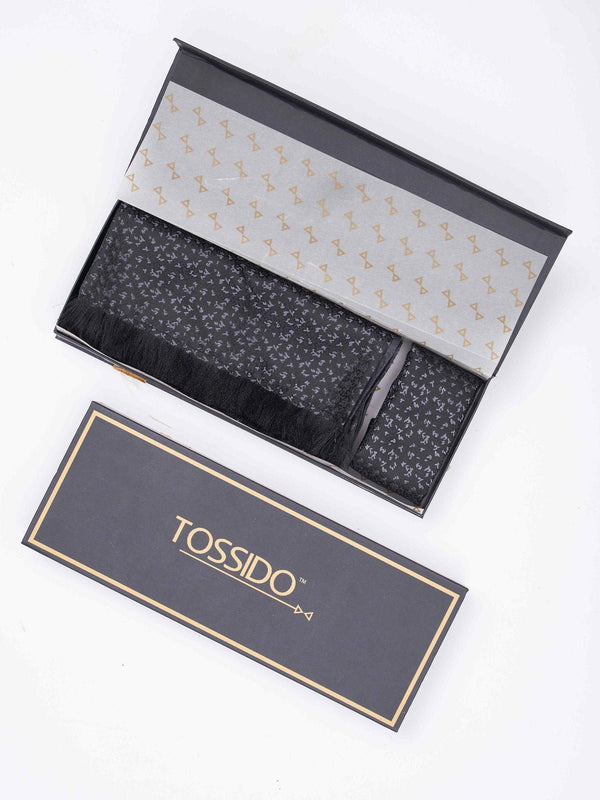 Black Abstract Reversible Stole & Pocket Square Set - TOSSIDO
